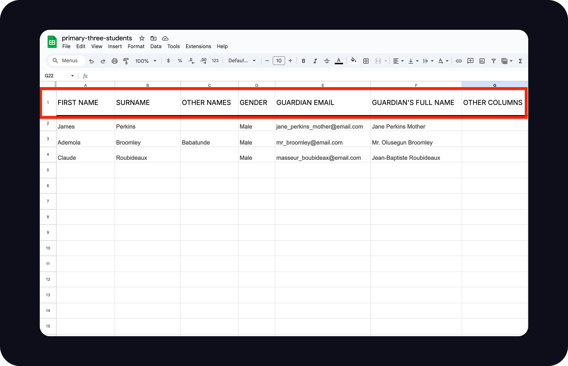 Spreadsheet Structure Screenshot