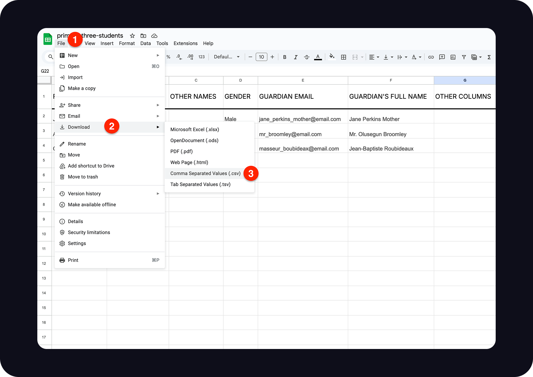 Save Google Sheet as CSV Screenshot