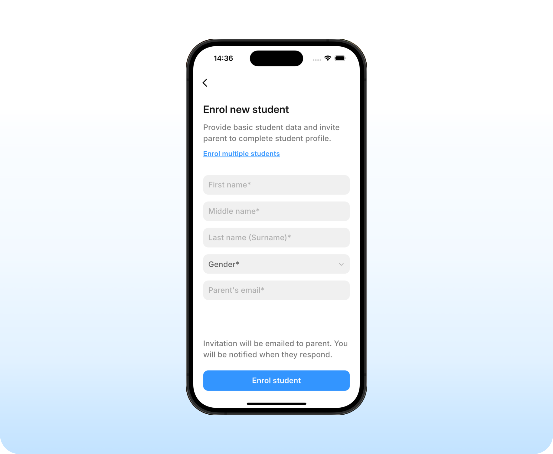 Enrol new student form screenshot