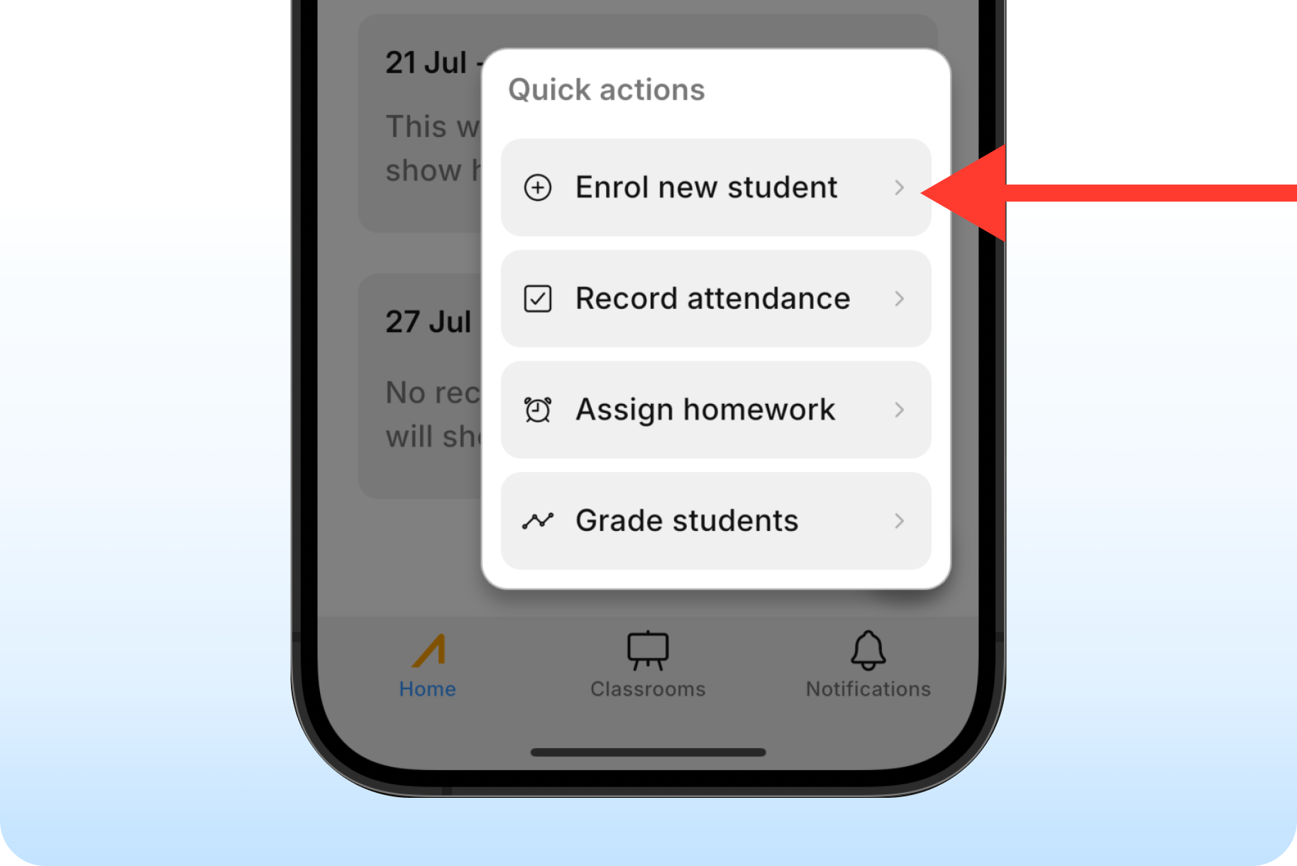Enrol new student button screenshot
