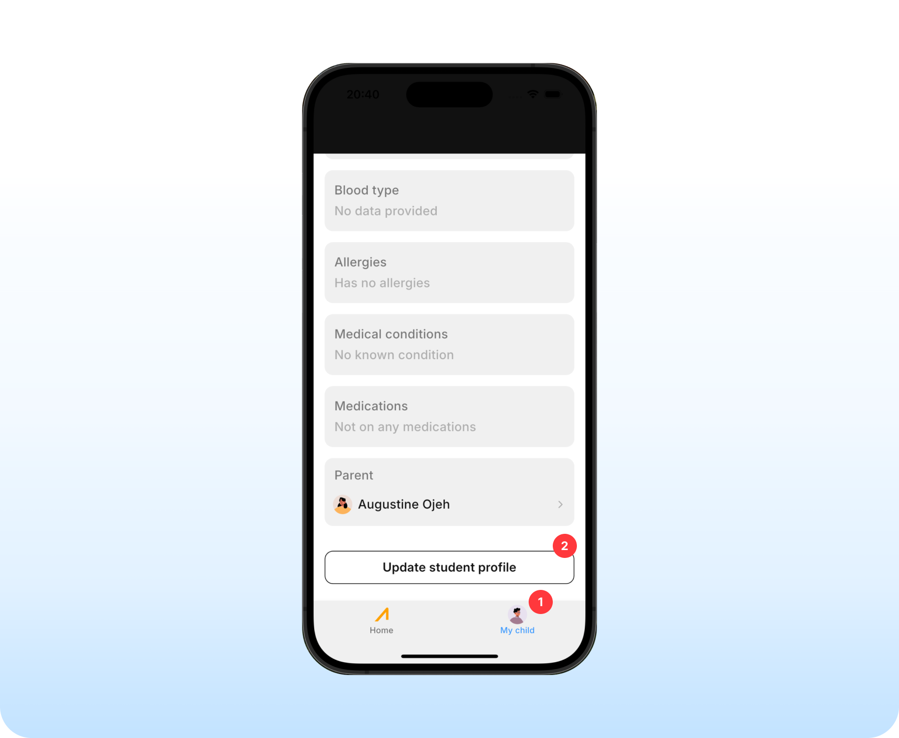 Update student profile button screenshot